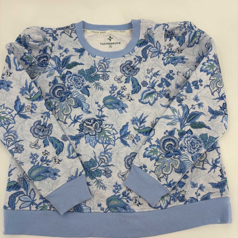 Tuckernuck Sport Sweatshirt Womens Medium Blue Floral Paisley Puff Sleeve Crew
